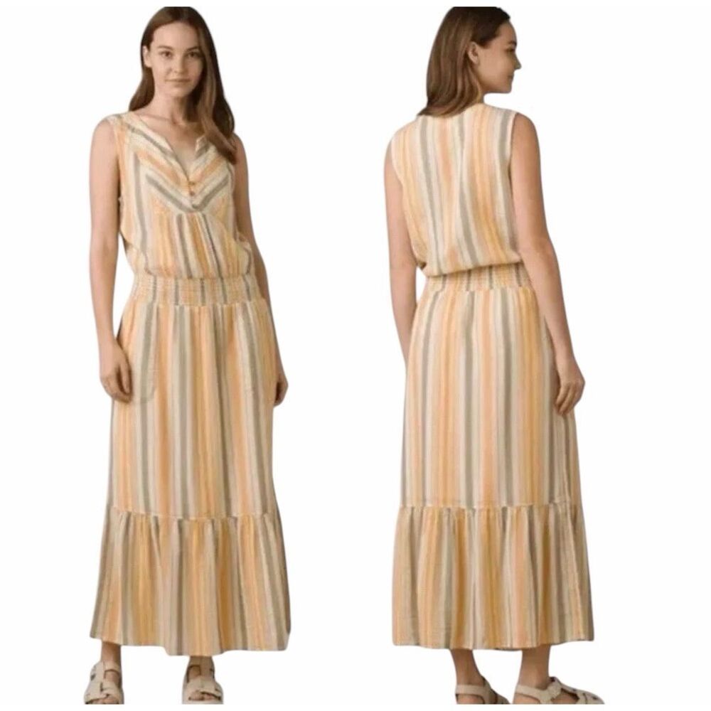 prAna California Dreaming Dress Golden Hour Stripe Maxi SZ S #2649